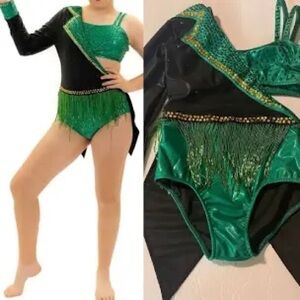 Glamour Dance Adult M Green, Black, Gold Asymmetrical Stand Out Sequence Fringe
